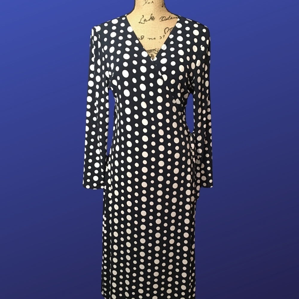 Sunny Leigh Navy and White Polka Dot Wrap-Style Midi Dress